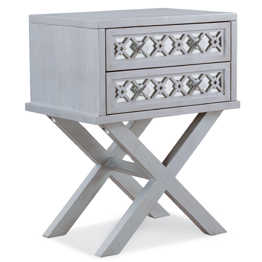 Picture of Favorite Finds Mirrored Diamond Filigree X Base Nightstand/Table w/ Two Drawers in Silver Leaf