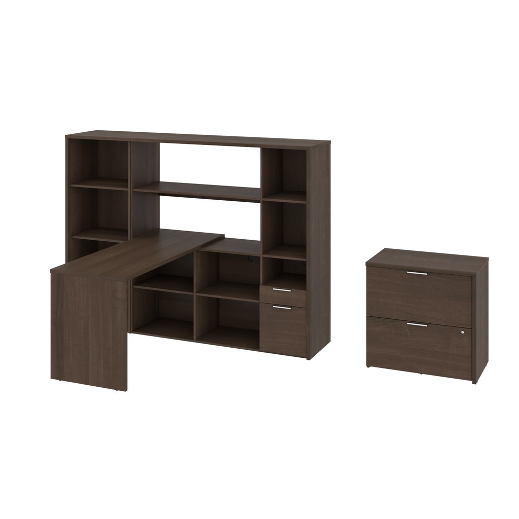 Gemma 3-piece Set Including An L-shaped Desk With A Hutch, A Bookcase, And A Lateral File Cabinet In Antigua - Bestar 107850-000052