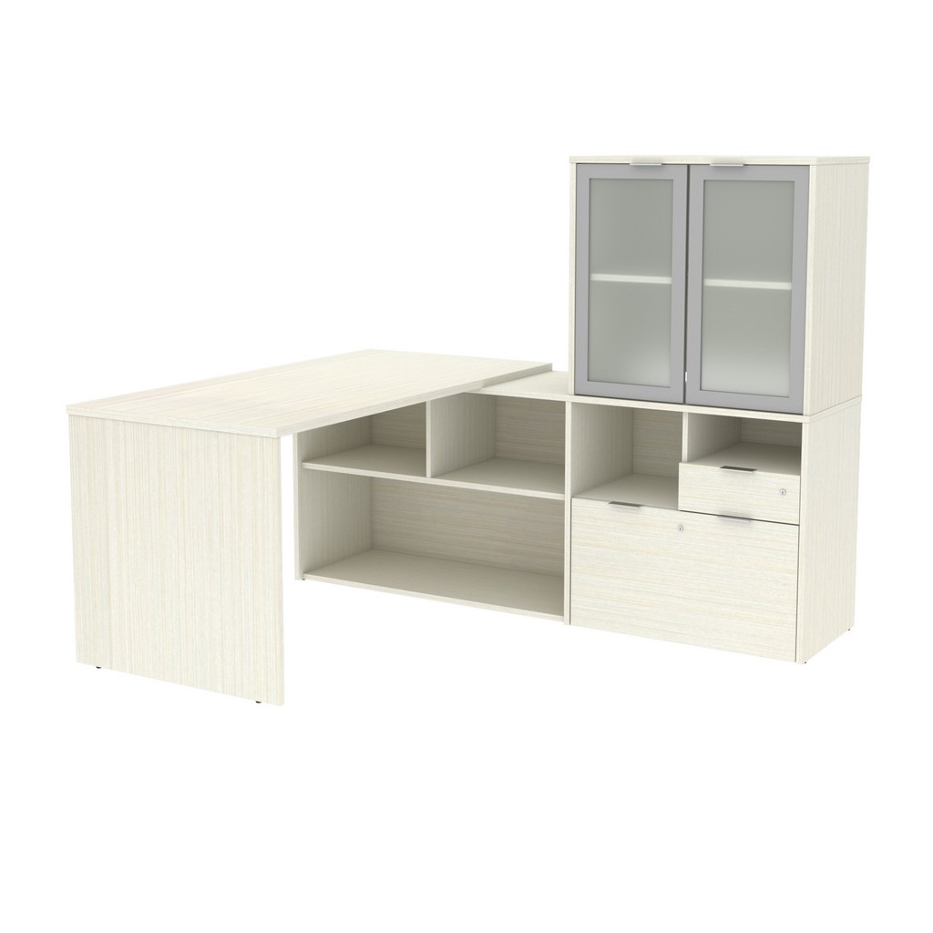 I3 Plus 72w L-shaped Desk With Frosted Glass Doors Hutch In White Chocolate - Bestar 160851-000031