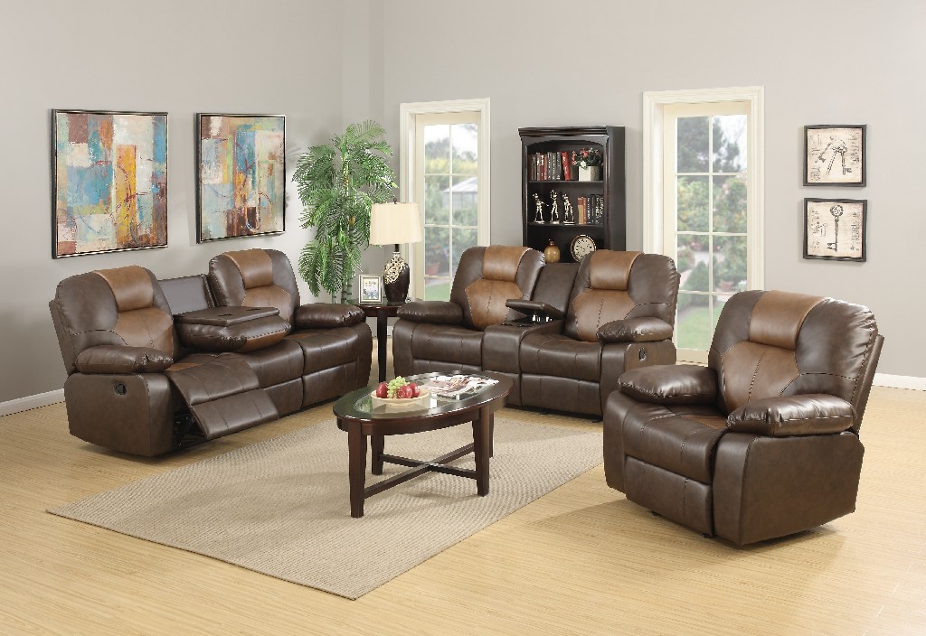 Two Brown Bonded Leather Recliner Sofa Drop Down Table