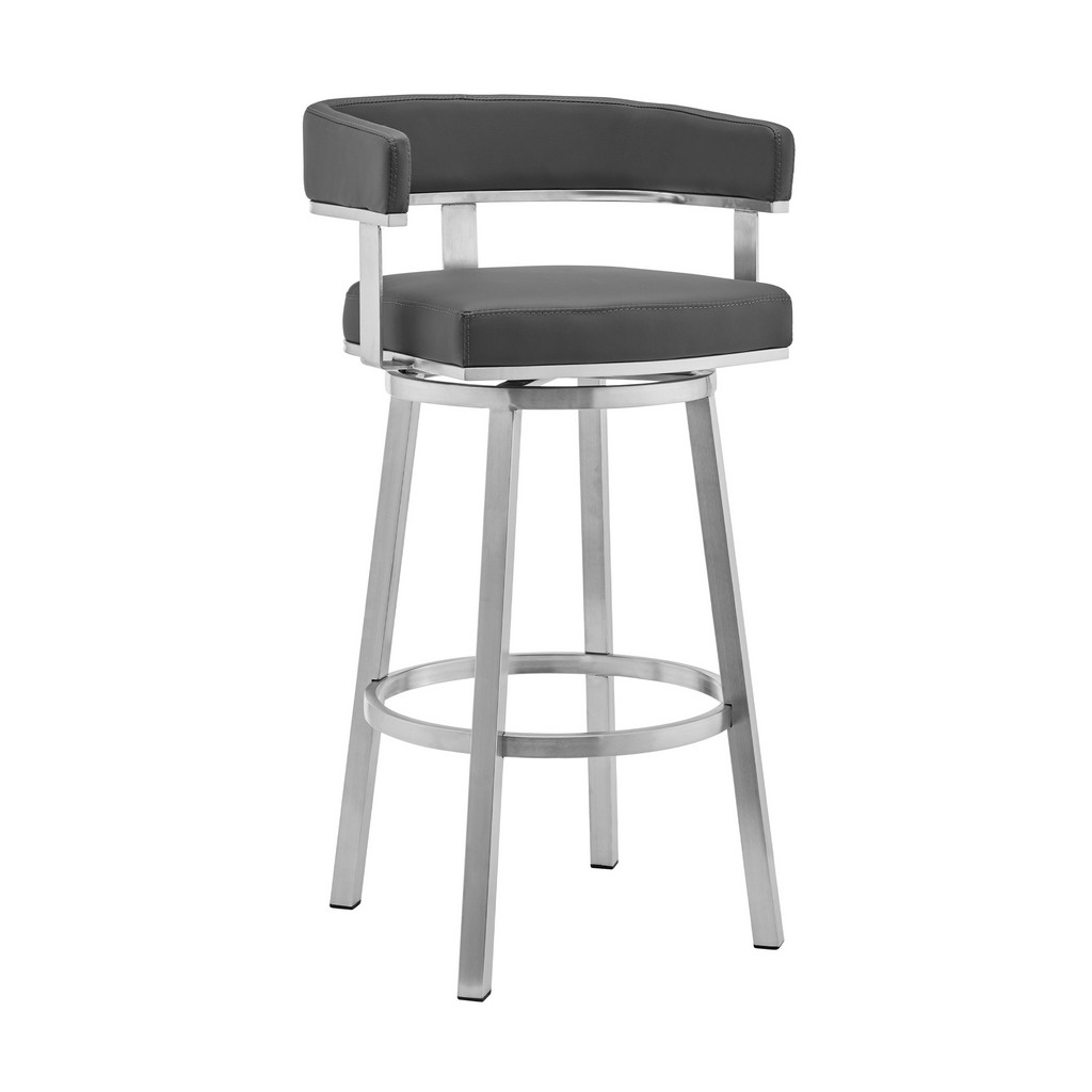 Cohen 30&quot; Gray Faux Leather and Brushed Stainless Steel Swivel Bar Stool - Armen Living 721535762170