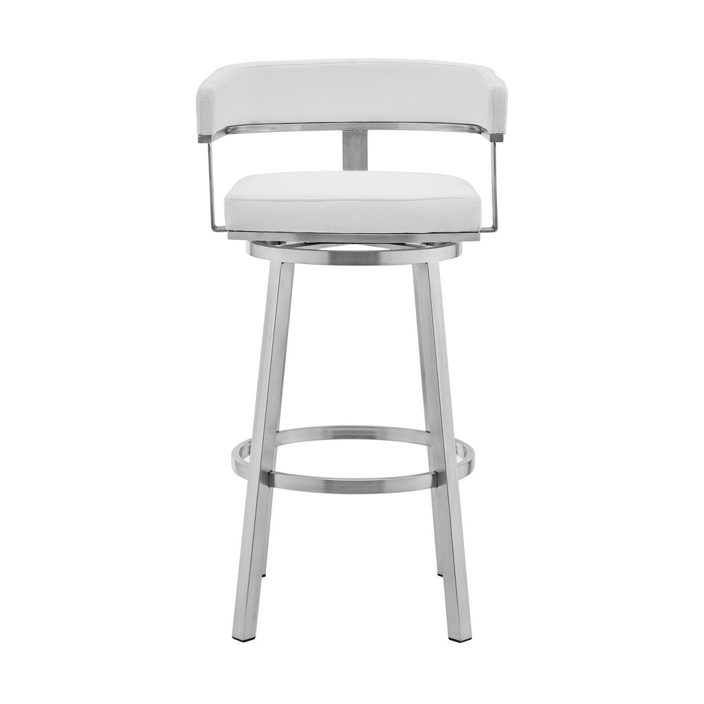 Cohen 26&quot; White Faux Leather and Brushed Stainless Steel Swivel Bar Stool - Armen Living 721535762187