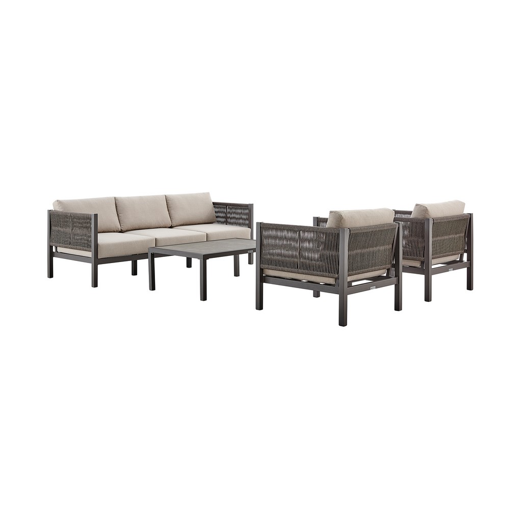 Cuffay 4 Piece Outdoor Patio Furniture Set in Brown Aluminum and Rope with Cushions - Armen Living 840254332430