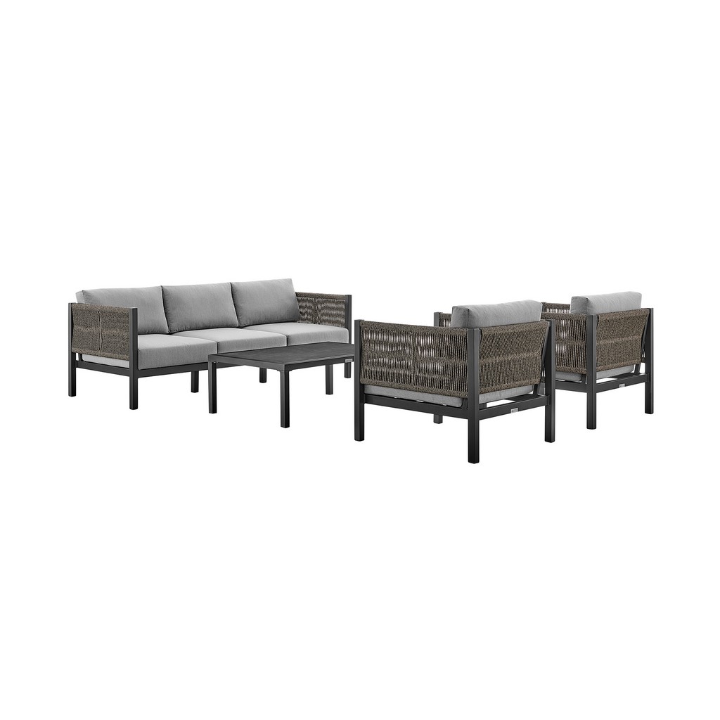 Cuffay 4 Piece Outdoor Patio Furniture Set in Black Aluminum and Rope with Grey Cushions - Armen Living 840254332447
