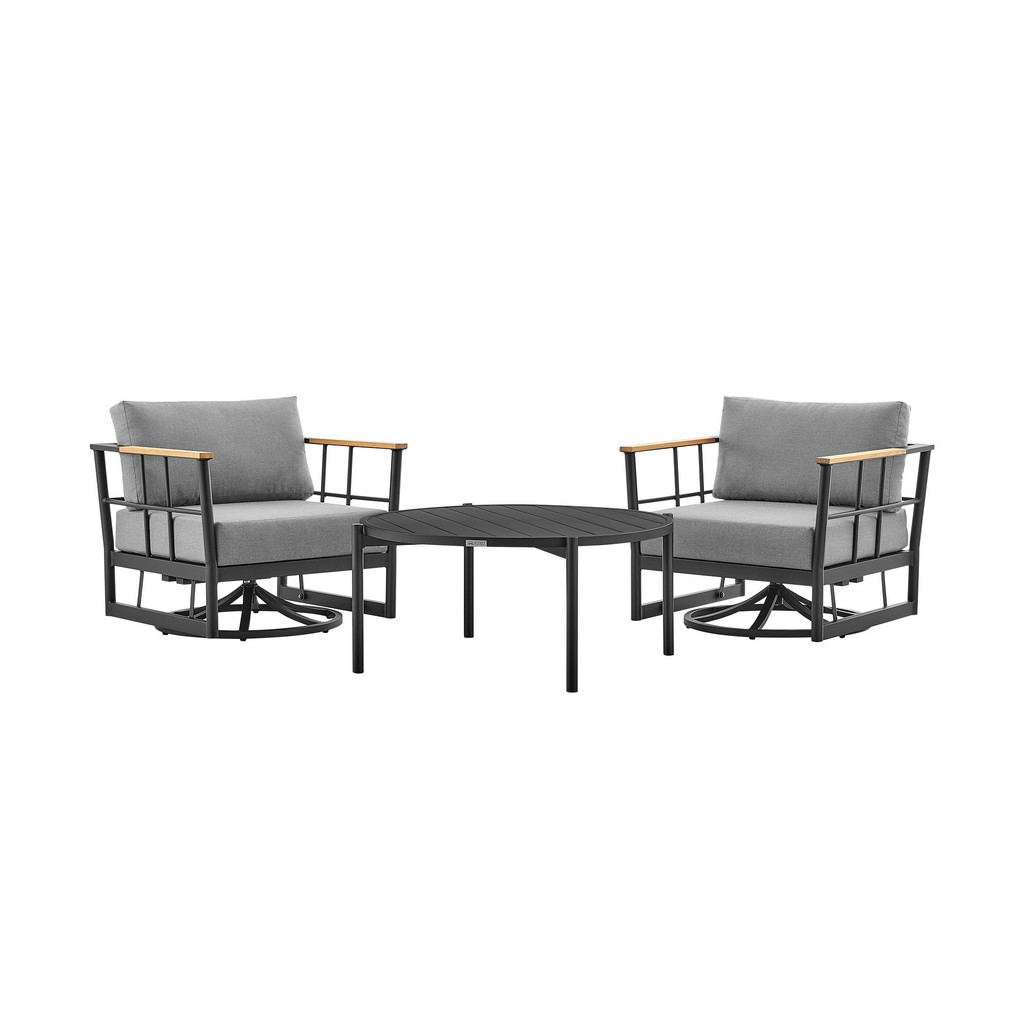 Shari and Tiffany 3 Piece Patio Outdoor Swivel Seating Set in Black Aluminum with Grey Cushions - Armen Living 840254332607