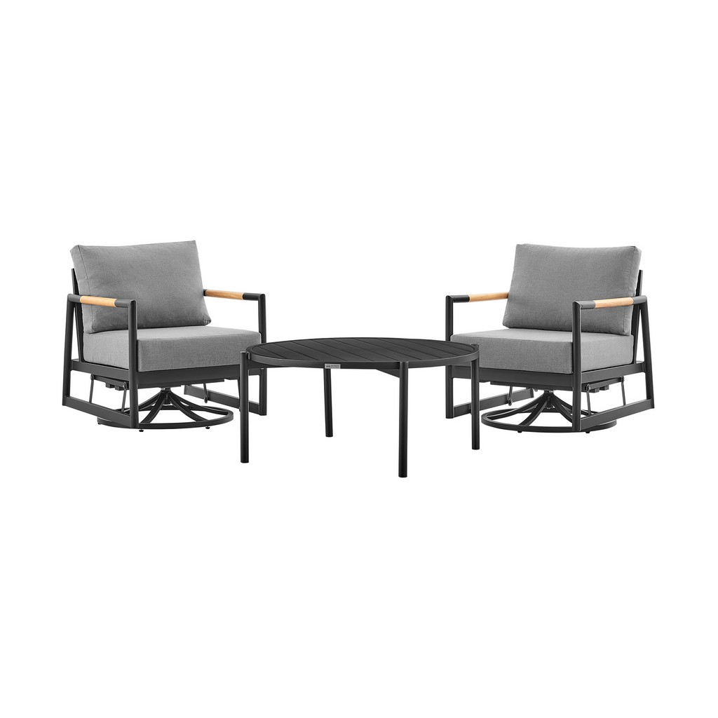 Royal and Tiffany 3 Piece Outdoor Patio Swivel Seating Set in Black Aluminum with Teak Wood and Grey Cushions - Armen Living 840254332614