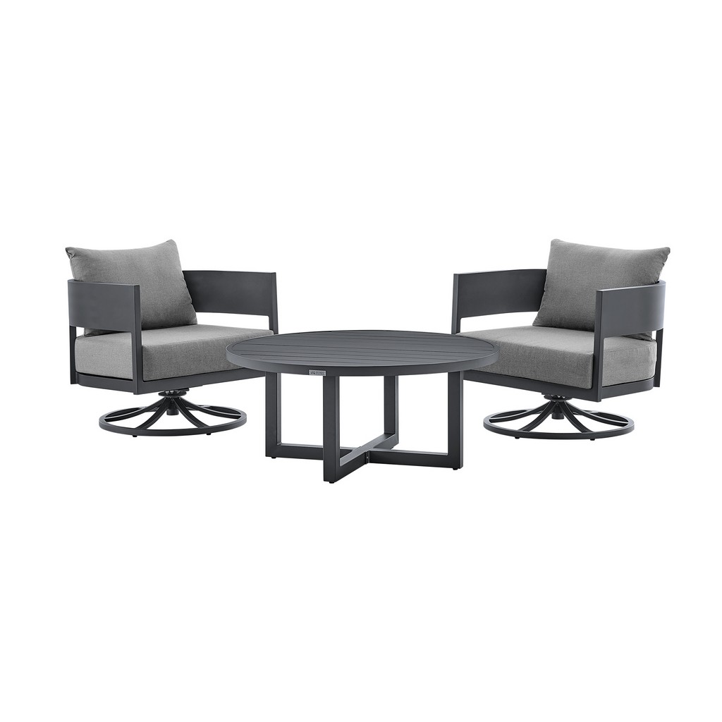 Argiope 3 Piece Patio Outdoor Swivel Seating Set in Dark Grey Aluminum with Grey Cushions - Armen Living 840254332638