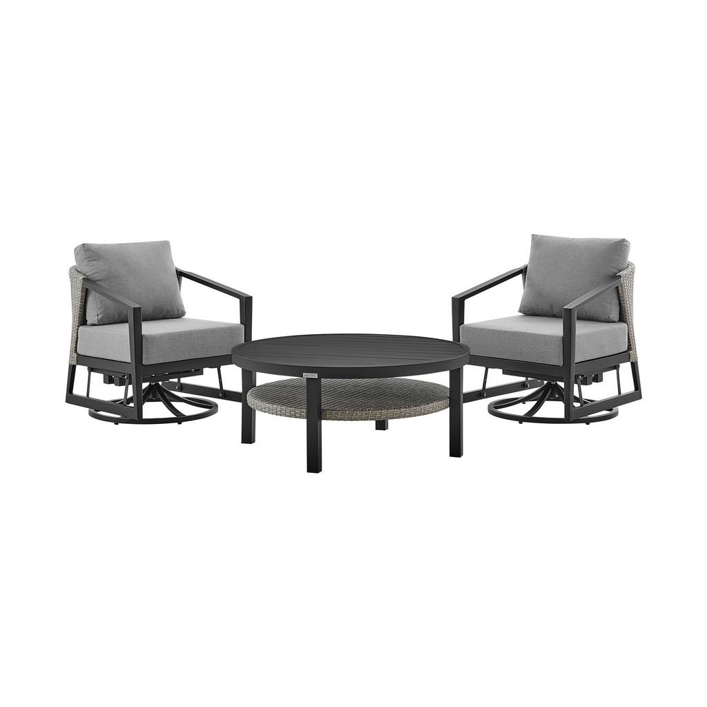 Aileen 3 Piece Patio Outdoor Swivel Seating Set in Black Aluminum with Grey Wicker and Cushions - Armen Living 840254332645