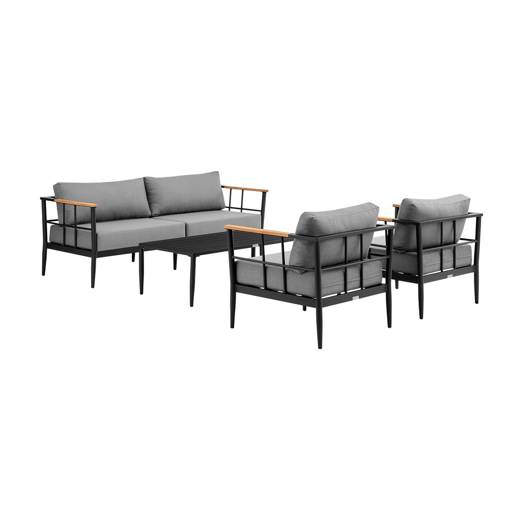 Shari Outdoor Patio 4-Piece Lounge Set in Aluminum with Teak Wood and Gray Cushions â€“ Armen Living 840254333079