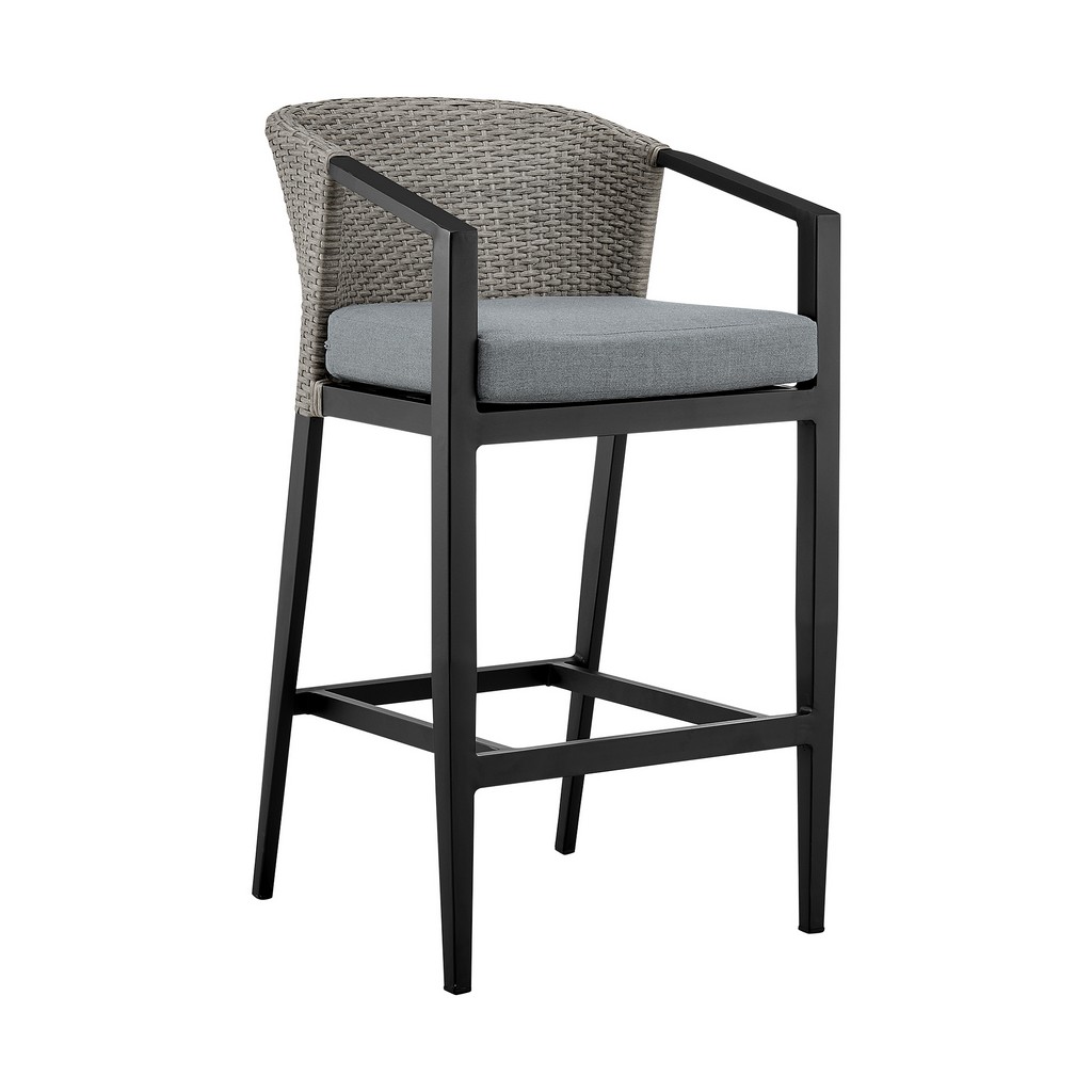 Aileen Outdoor Patio Bar Stool in Aluminum and Wicker with Gray Cushions â€“ Armen Living 840254333192