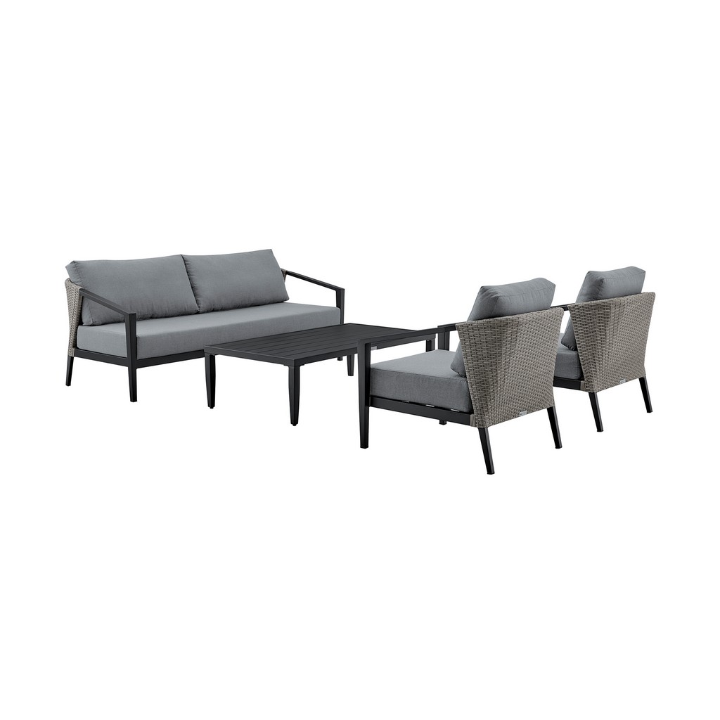 Aileen Outdoor Patio 4-Piece Lounge Set in Aluminum and Wicker with Gray Cushions â€“ Armen Living 840254333239