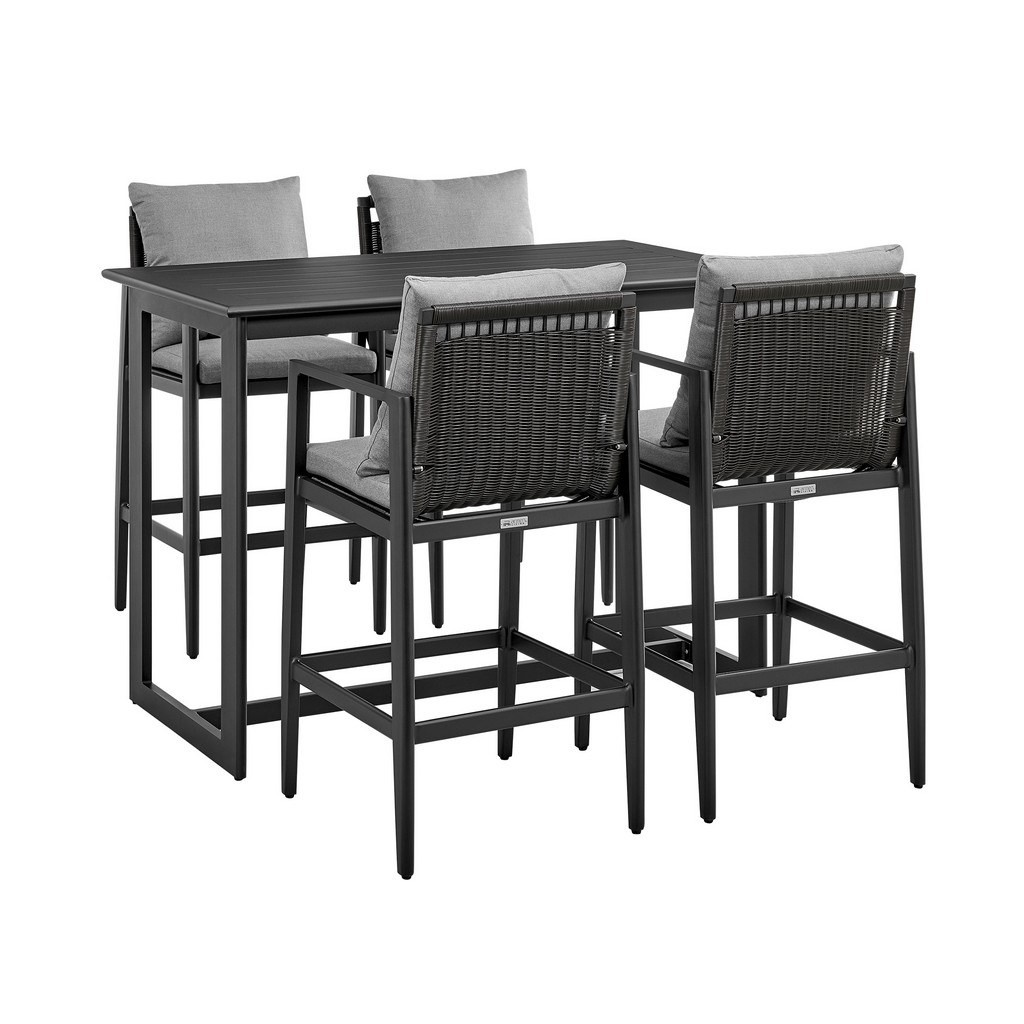 Grand Outdoor Patio 5-Piece Bar Table Set in Aluminum with Gray Cushions â€“ Armen Living 840254333321