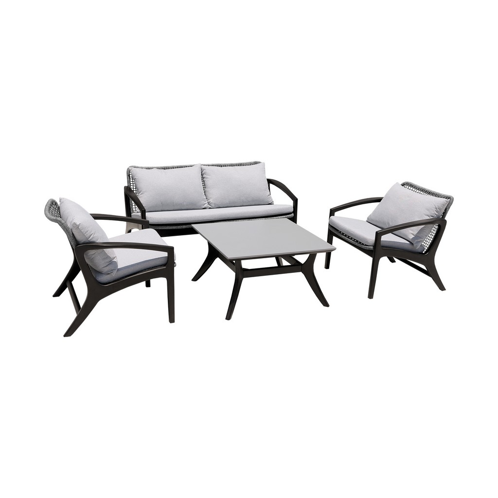 Brighton 4 Piece Outdoor Patio Seating Set in Dark Eucalyptus Wood with Grey Rope and White Cushions - Armen Living 840254336100