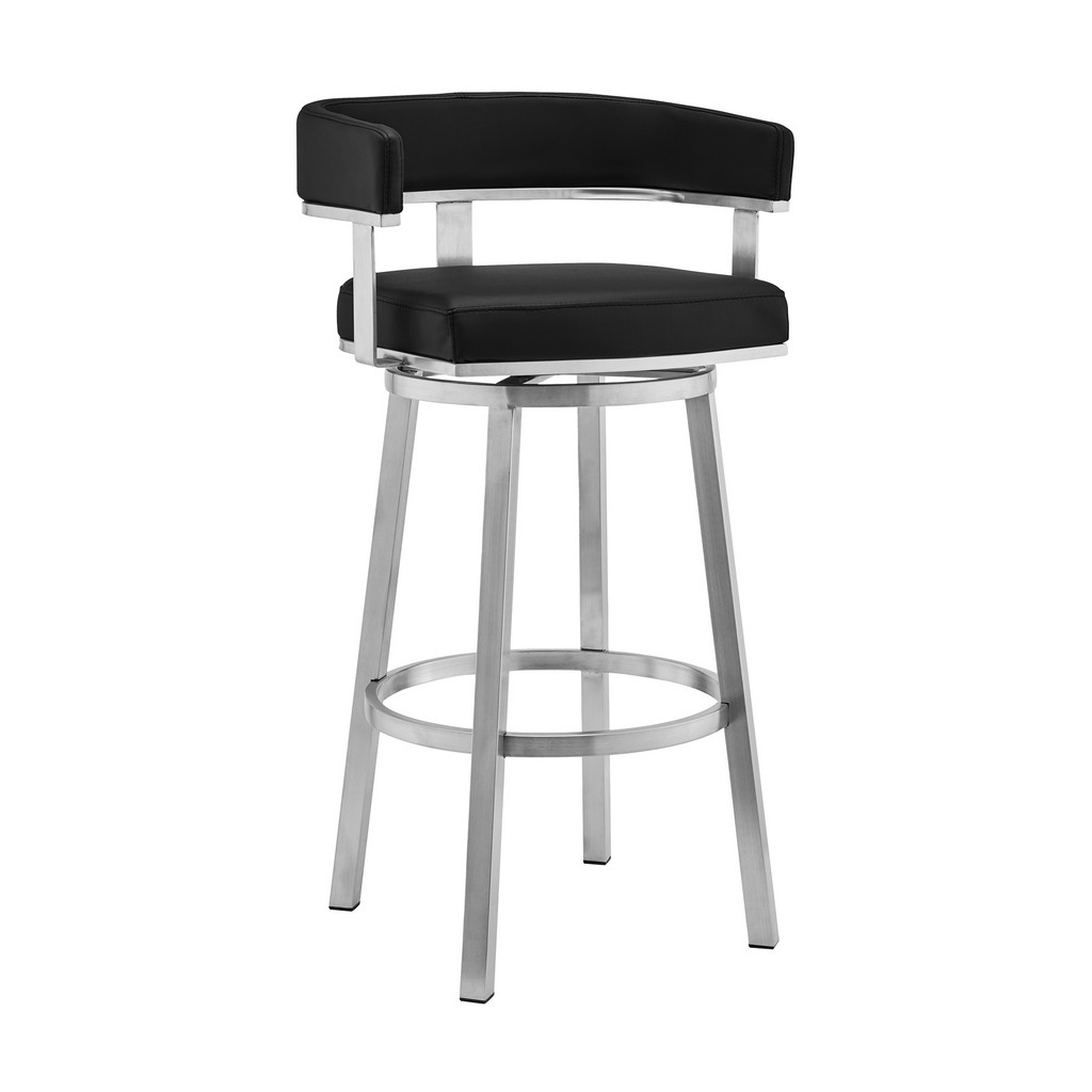 Lorin 26&quot; Black Faux Leather and Brushed Stainless Steel Swivel Bar Stool â€“ Armen Living LCLRBABSBL26