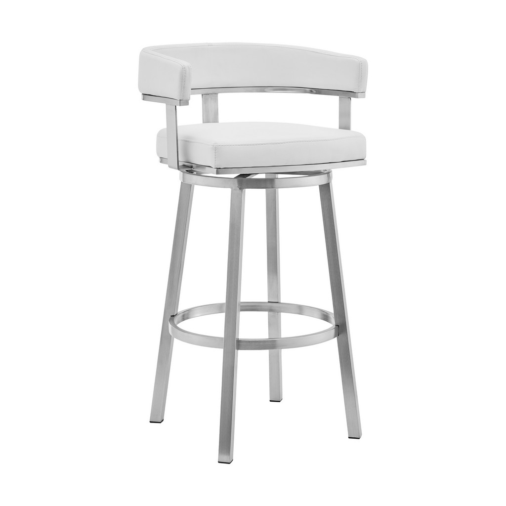 Lorin 26&quot; White Faux Leather and Brushed Stainless Steel Swivel Bar Stool â€“ Armen Living LCLRBABSWH26