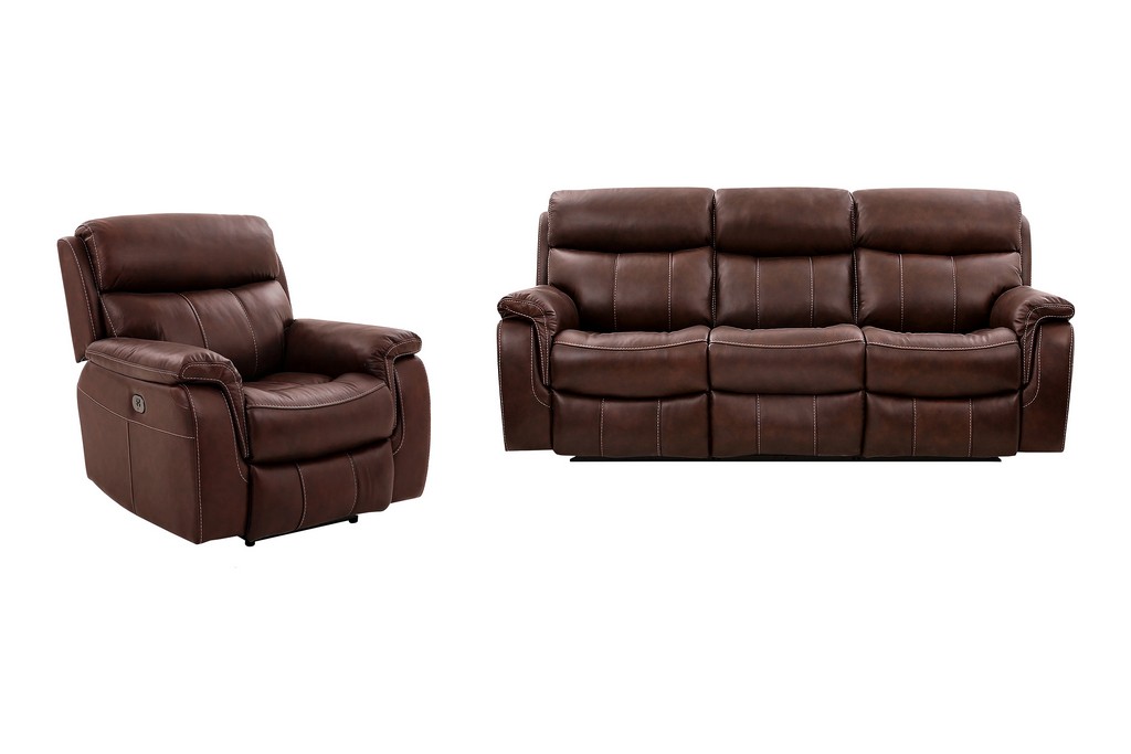 Montague Dual Power Reclining 2 Piece Sofa and Recliner Set in Genuine Brown Leather - Armen Living SETMNBR2PC