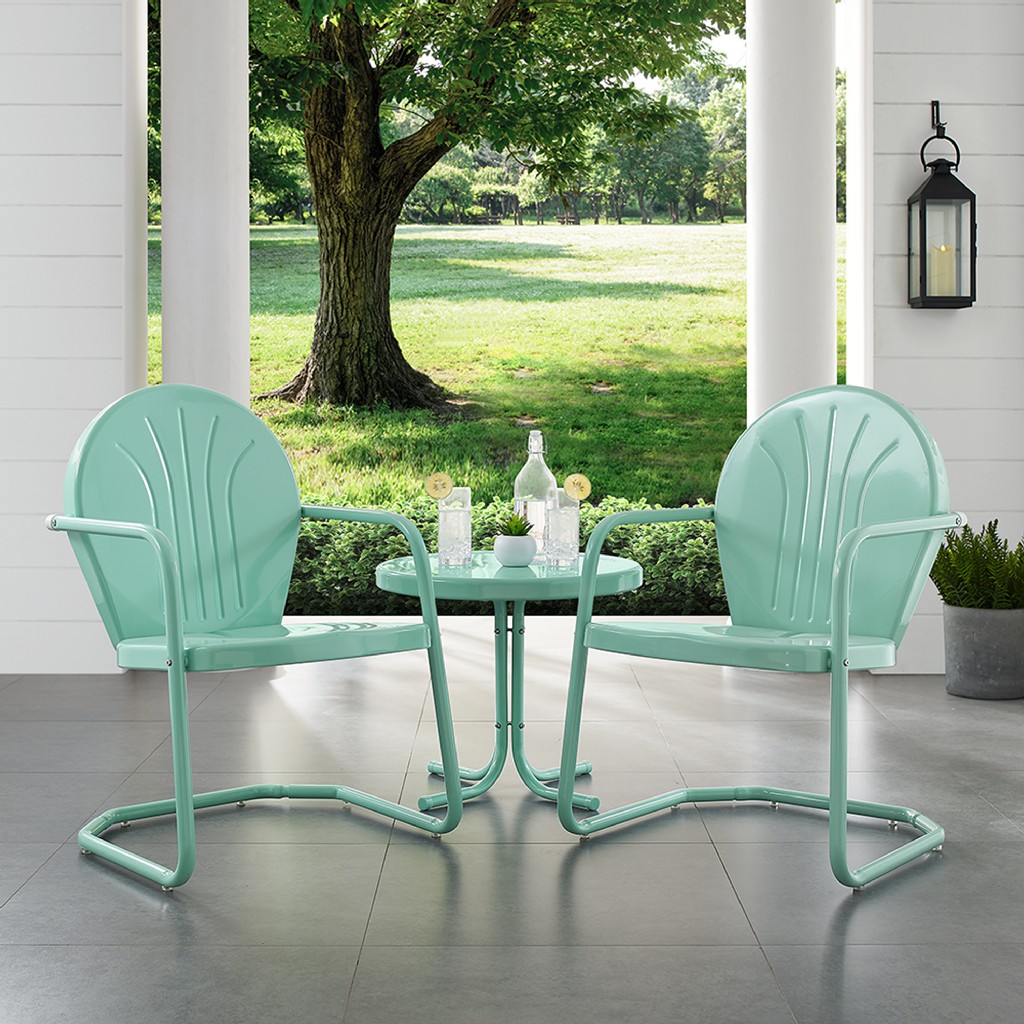 Griffith 3 Piece Metal Outdoor Conversation Seating Set - Two Chairs In Aqua Finish With Side Table In Aqua - Crosley Ko10004aq