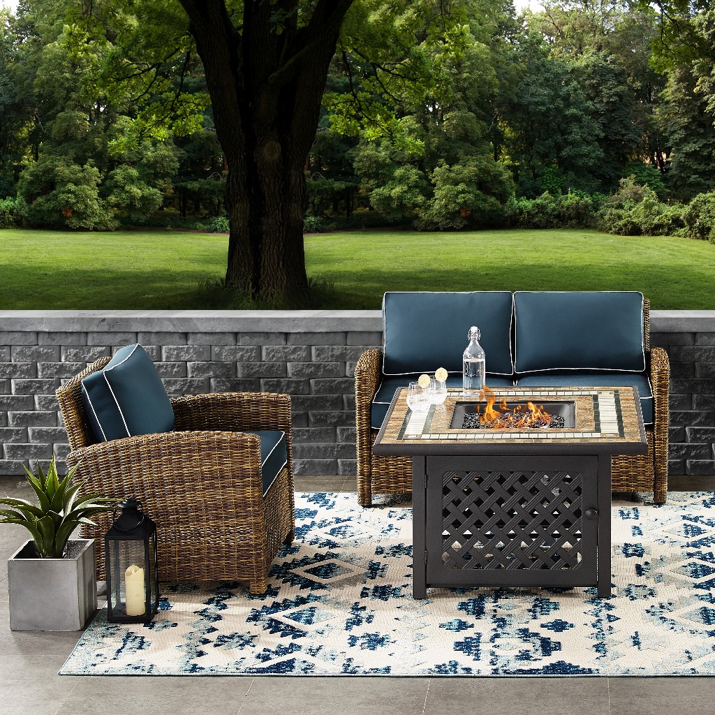 Outdoor Wicker Seating Set Cushions Loveseat Arm Chair Fire Table