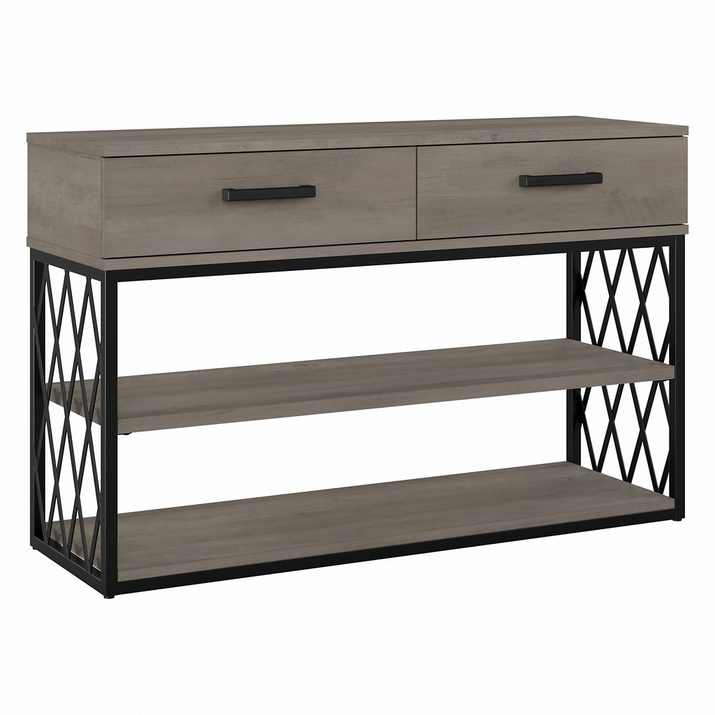 kathy ireland Home by Bush Furniture City Park Industrial Console Table with Drawers and Shelves in Driftwood Gray - Bush Furniture CPT148DG-03