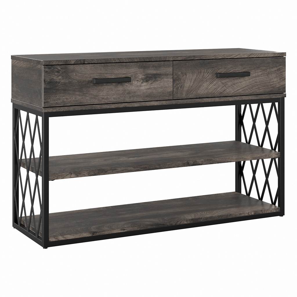kathy ireland Home by Bush Furniture City Park Industrial Console Table with Drawers and Shelves in Dark Gray Hickory - Bush Furniture CPT148GH-03
