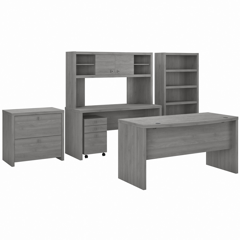 Office by kathy irelandÂ® Echo Bow Front Desk, Credenza with Hutch, Bookcase and File Cabinets in Modern Gray - Bush Business Furniture ECH029MG