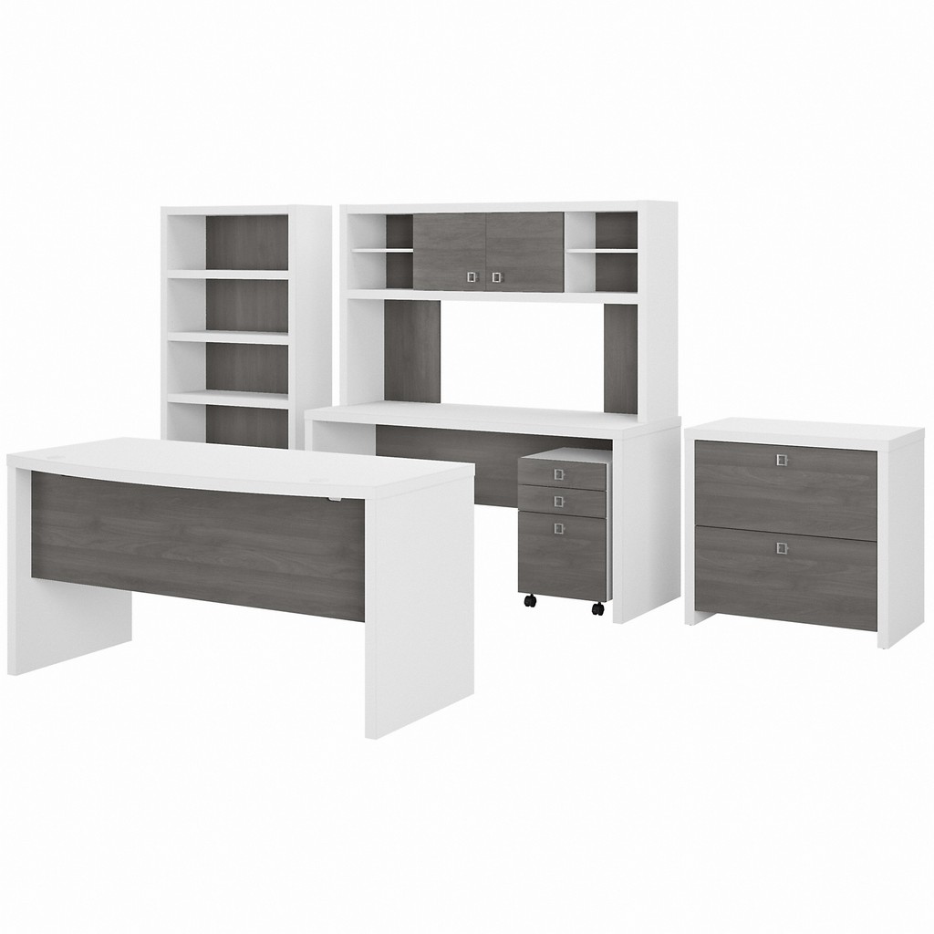 Office by kathy irelandÂ® Echo Bow Front Desk, Credenza with Hutch, Bookcase and File Cabinets in Pure White and Modern Gray - Bush Business Furniture ECH029WHMG