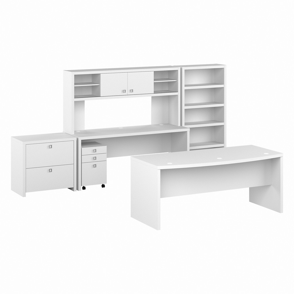 Office by kathy ireland Echo 72W Bow Front Desk Set with Credenza, Hutch and Storage in Pure White - Bush Furniture ECH055PW