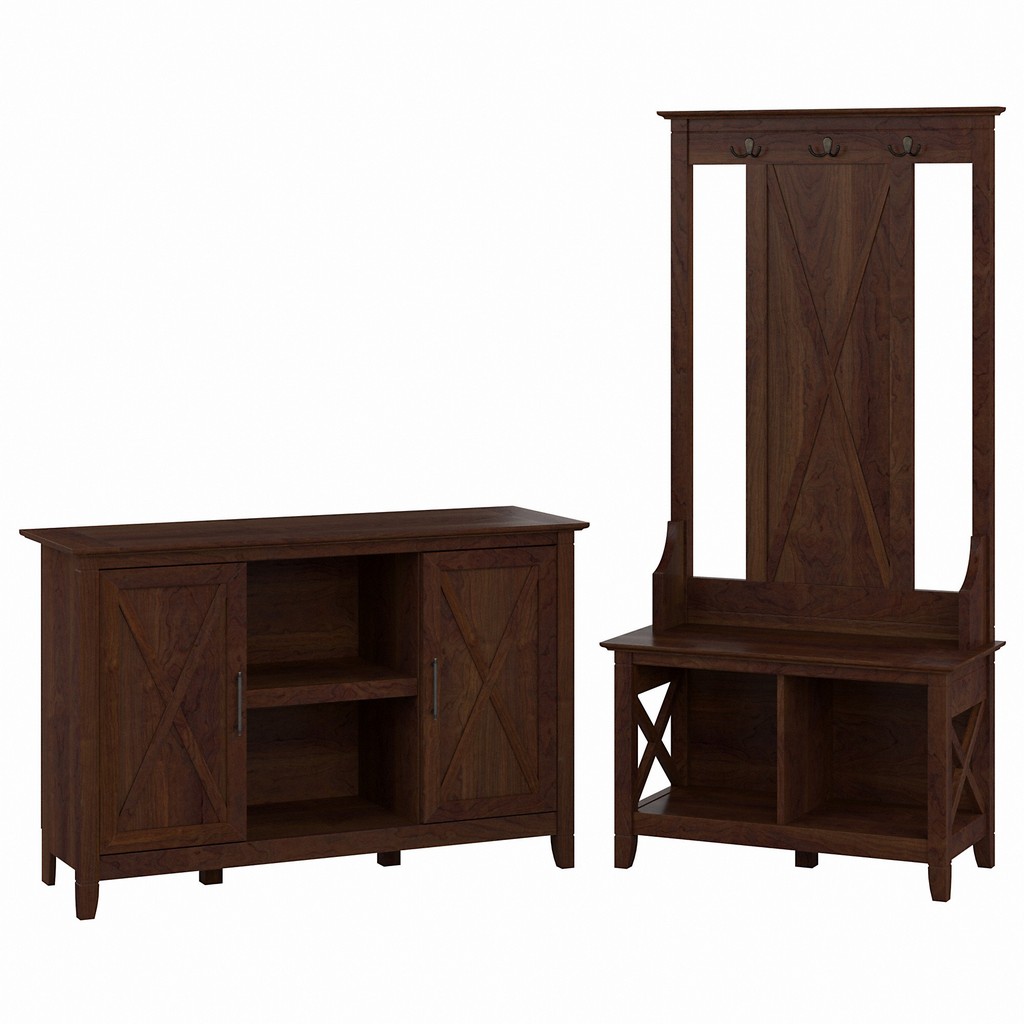 Bush Furniture Key West Entryway Storage Set with Hall Tree, Shoe Bench and 2 Door Cabinet in Bing Cherry - KWS054BC