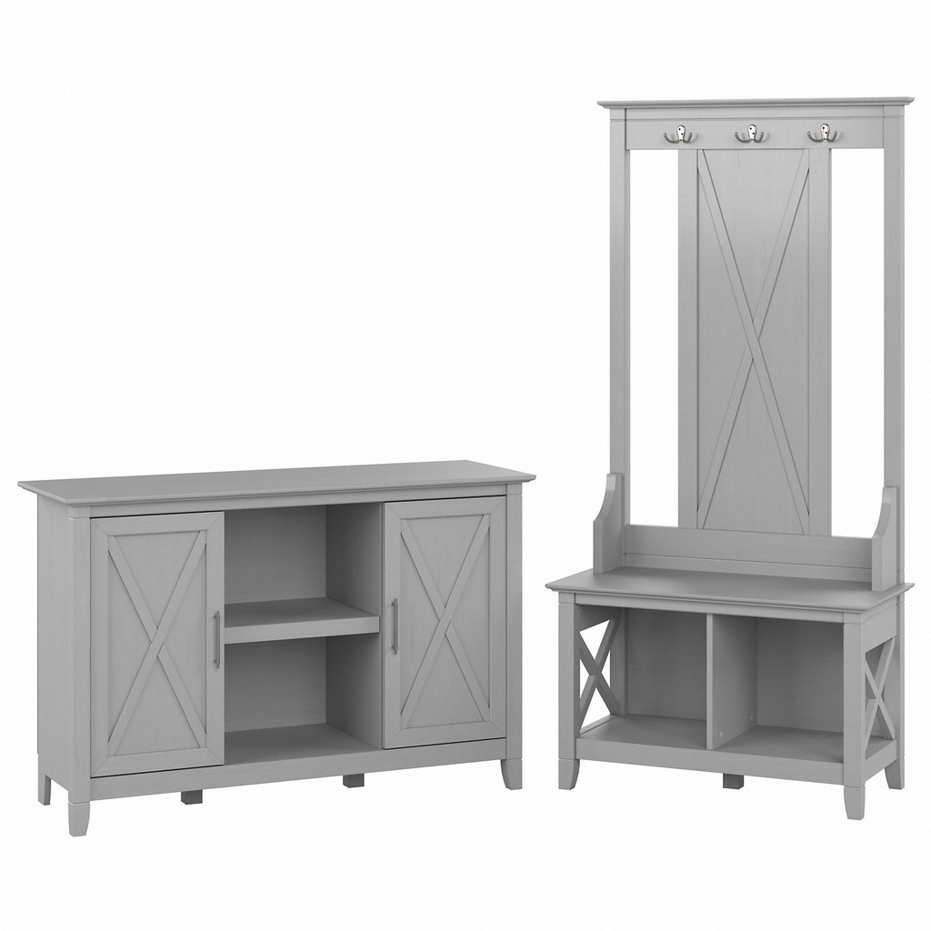 Bush Furniture Key West Entryway Storage Set with Hall Tree, Shoe Bench and 2 Door Cabinet in Cape Cod Gray - KWS054CG