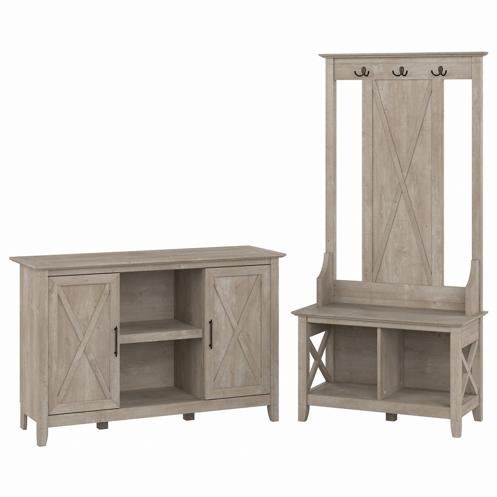 Bush Furniture Key West Entryway Storage Set with Hall Tree, Shoe Bench and 2 Door Cabinet in Washed Gray - KWS054WG