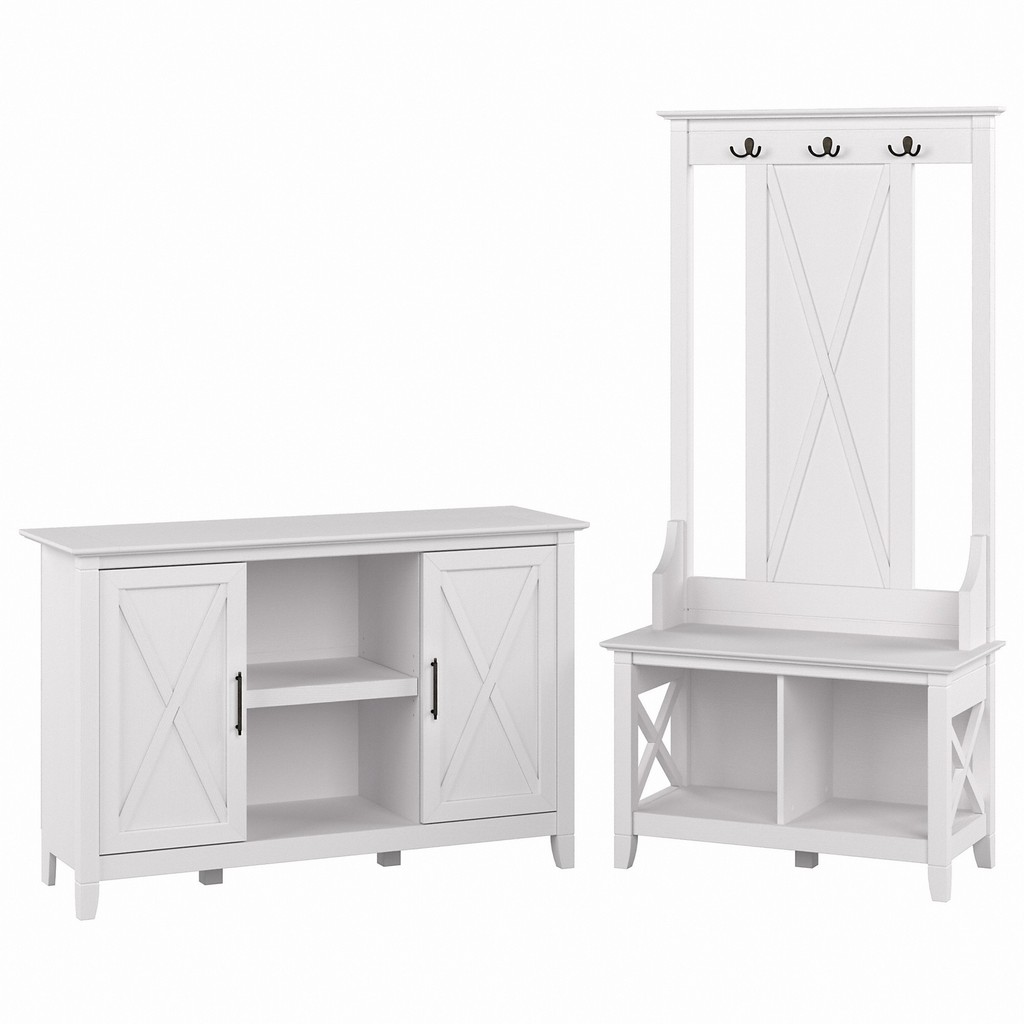 Bush Furniture Key West Entryway Storage Set with Hall Tree, Shoe Bench and 2 Door Cabinet in Pure White Oak - KWS054WT