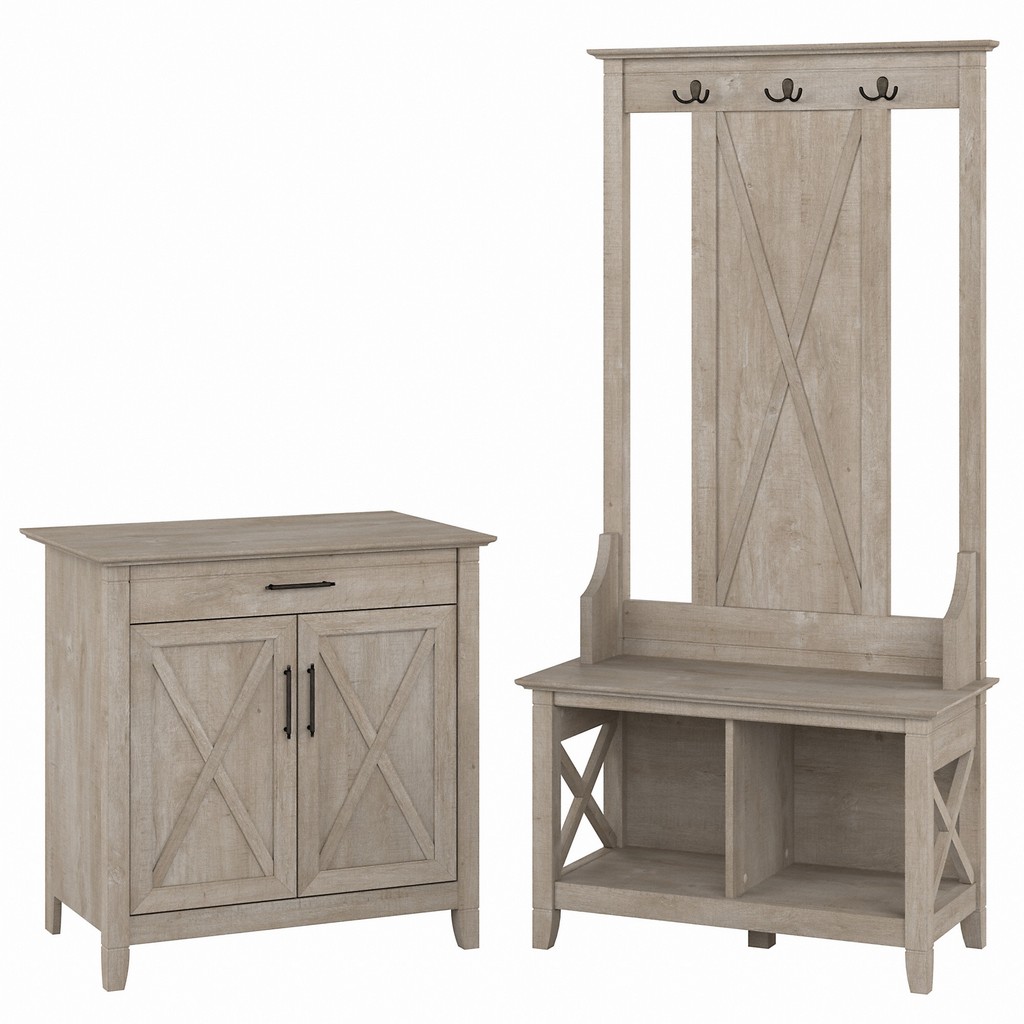 Bush Furniture Key West Entryway Storage Set with Hall Tree, Shoe Bench and Armoire Cabinet in Washed Gray - KWS055WG