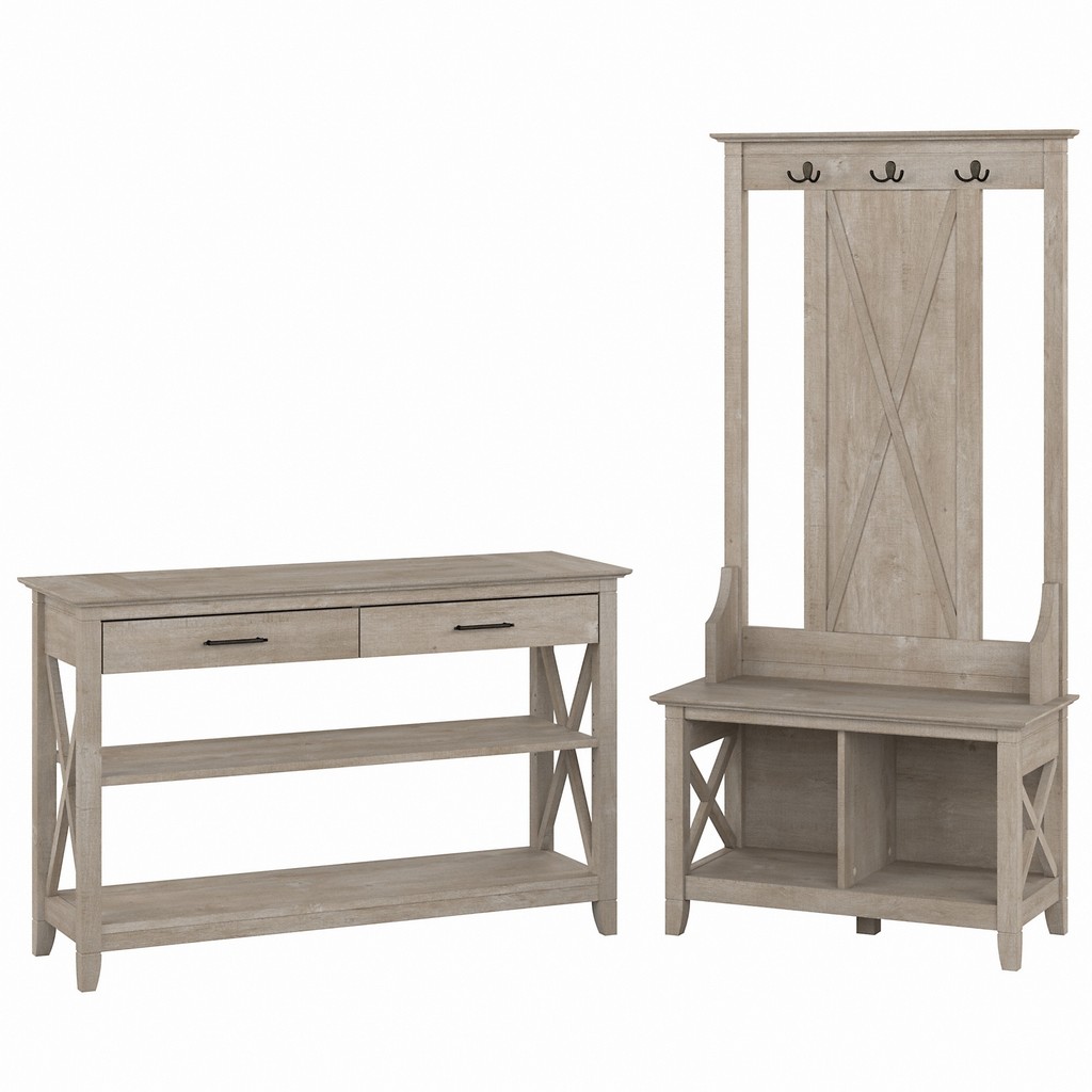Bush Furniture Key West Entryway Storage Set with Hall Tree, Shoe Bench and Console Table in Washed Gray - KWS056WG