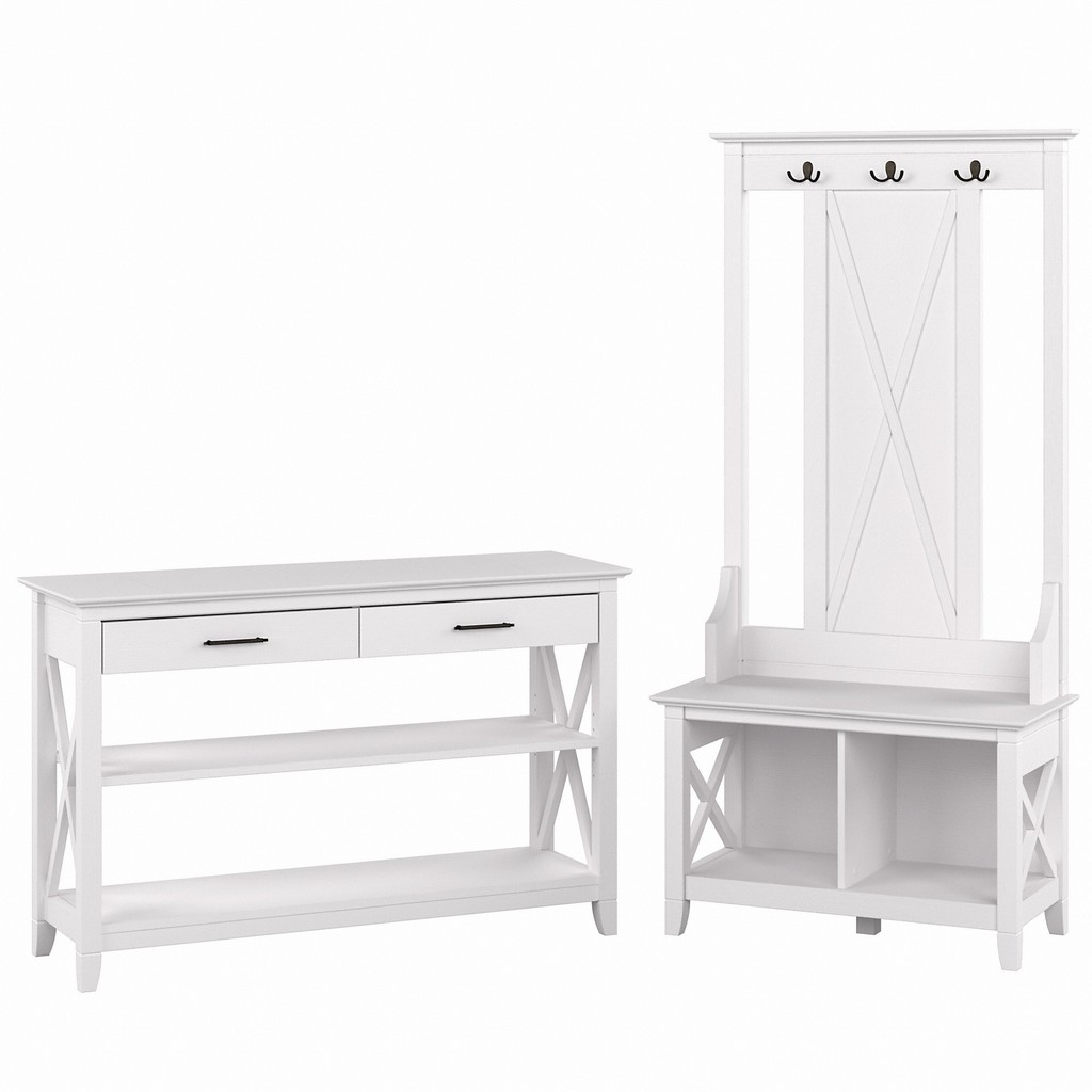 Bush Furniture Key West Entryway Storage Set with Hall Tree, Shoe Bench and Console Table in Pure White Oak - KWS056WT