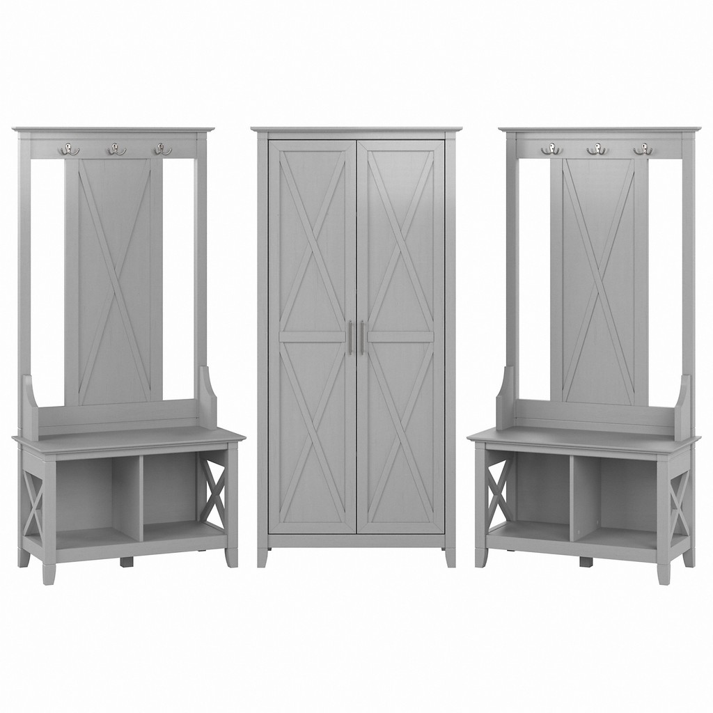 Bush Furniture Key West Entryway Storage Set with Hall Tree, Shoe Bench and Tall Cabinet in Cape Cod Gray - KWS057CG