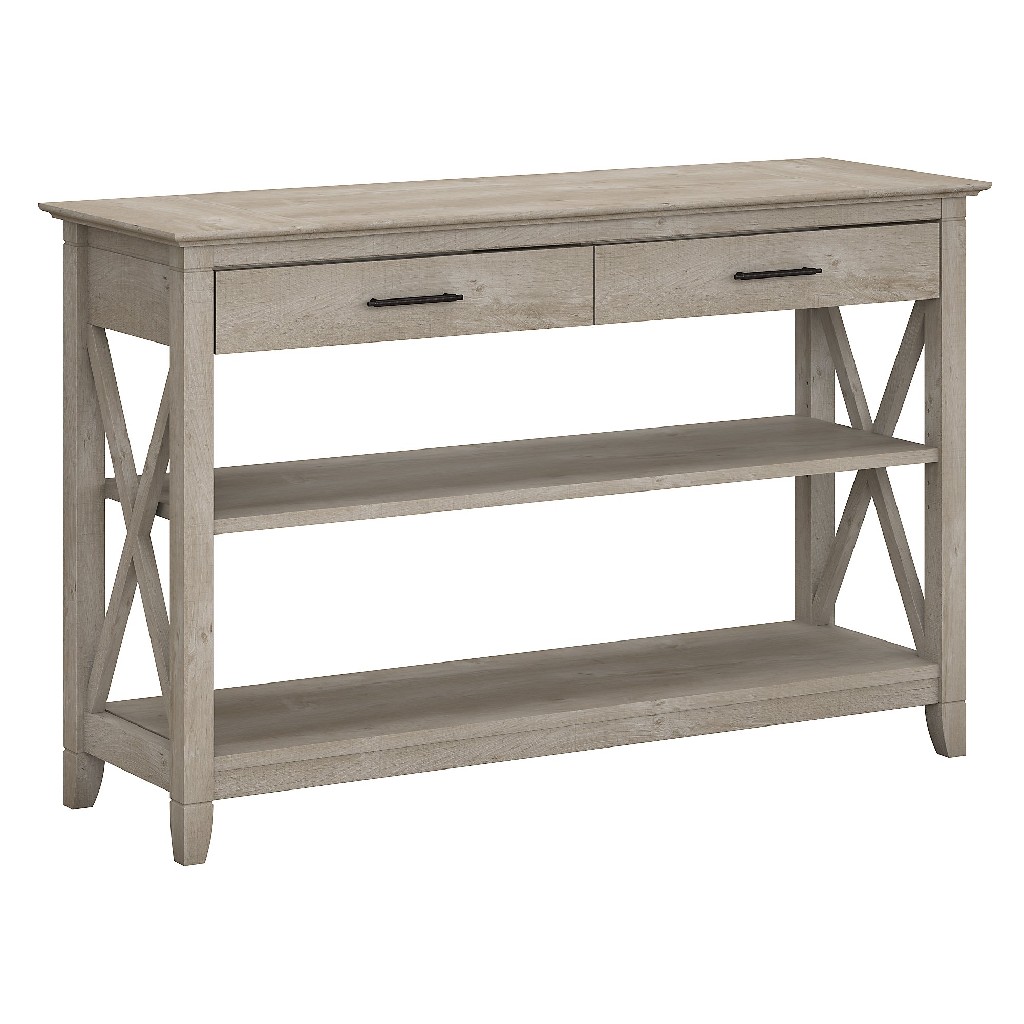 Bush Furniture Key West Console Table w/ Drawers &amp; Shelves in Washed Gray - KWT248WG-03