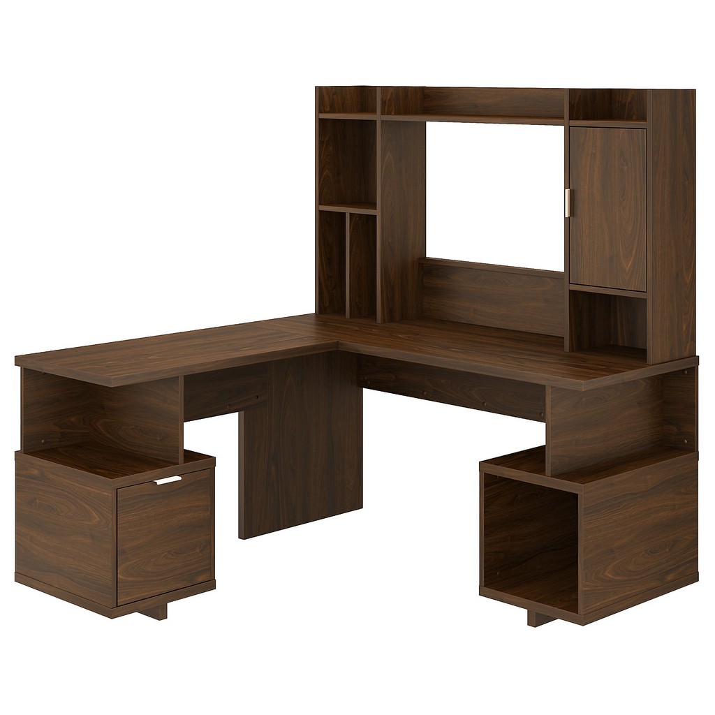 Kathy Ireland® Home Madison Avenue 60w L Shaped Desk With Hutch In Modern Walnut - Bush Furniture Mds003mw