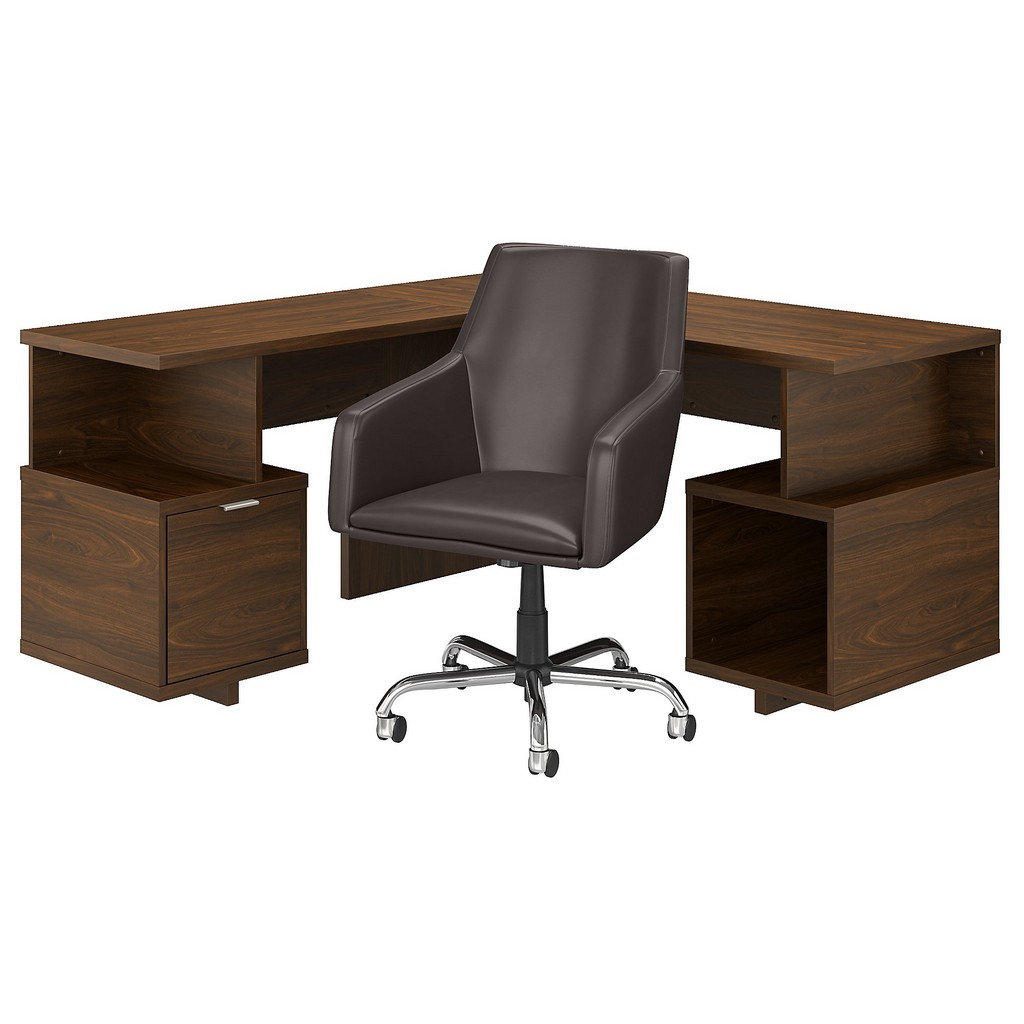 Kathy Ireland® Home Madison Avenue 60w L Shaped Desk And Chair Set In Modern Walnut - Bush Furniture Mds016mw