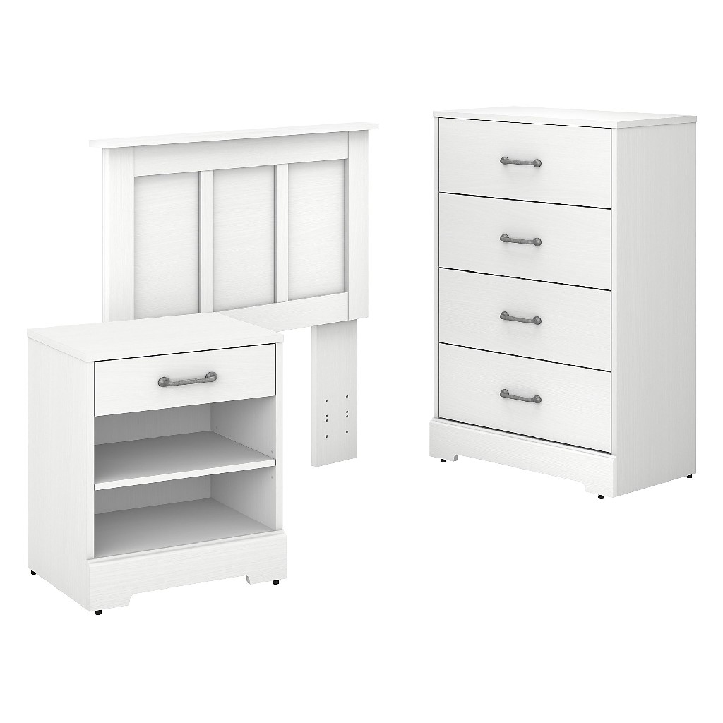 Kathy Ireland Home By Bush Furniture River Brook Twin Size Headboard, Chest Of Drawers And Nightstand Bedroom Set In White Suede Oak - Bush Furniture Rbb008ws