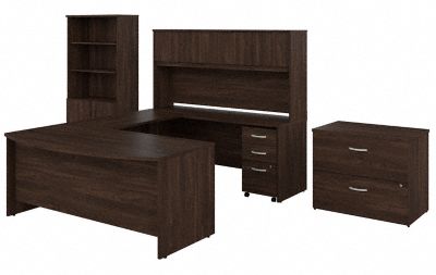 Bush Business Furniture Studio C 72W x 36D U Shaped Desk with Hutch, Bookcase and File Cabinets in Black Walnut - Bush Furniture STC001BWSU