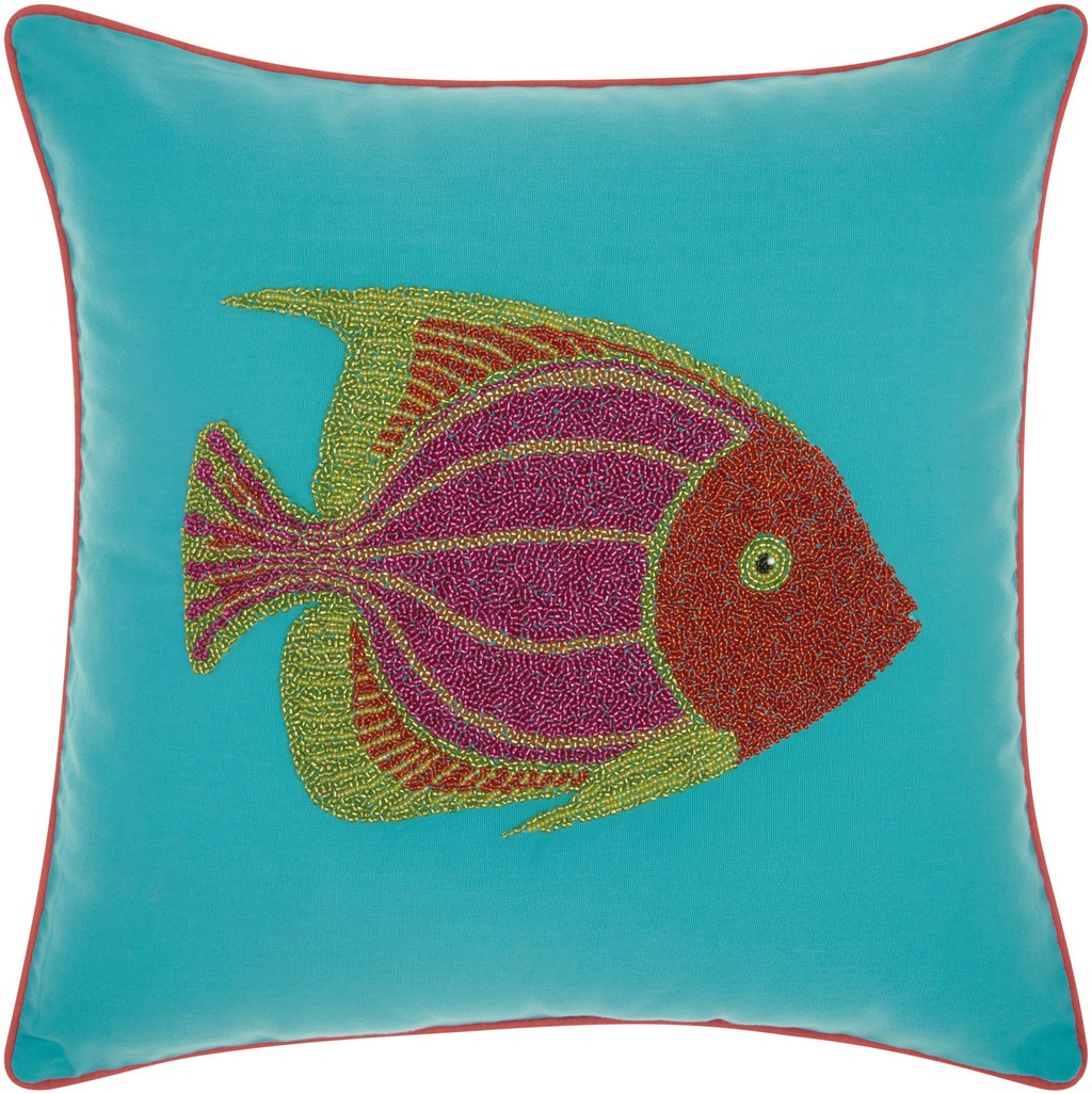 Mina Victory Outdoor Pillows Beaded Fish Turquoise/Coral Throw Pillows 18&quot; x 18&quot; - Nourison 798019043889
