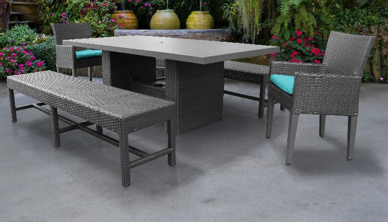 Barbados Rectangular Outdoor Patio Dining Table W/ 2 Chairs W/ Arms And 2 Benches In Aruba - Tk Classics Barbados-dtrec-kit-2dc2db-c-aruba