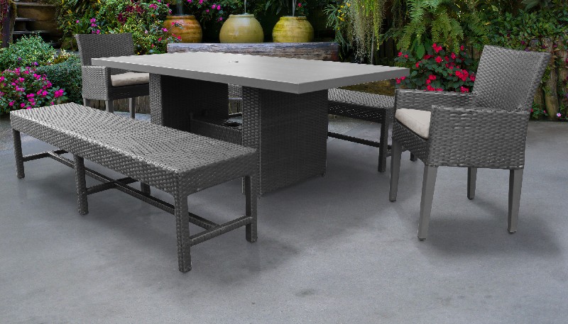 Barbados Rectangular Outdoor Patio Dining Table W/ 2 Chairs W/ Arms And 2 Benches In Beige - Tk Classics Barbados-dtrec-kit-2dc2db-c-beige