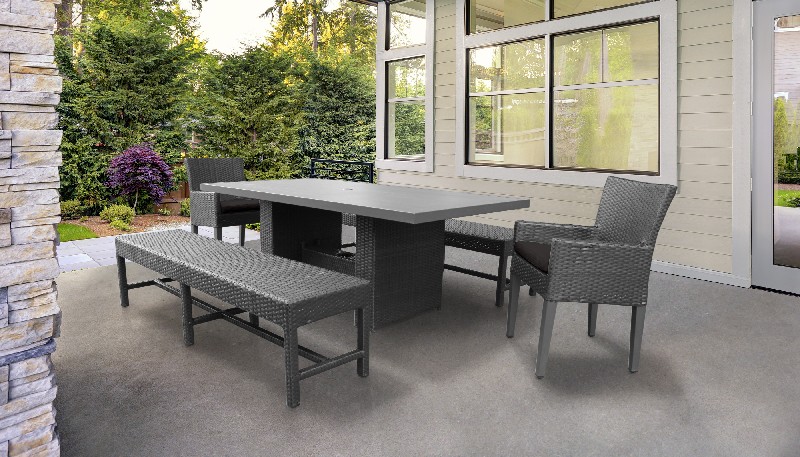 Barbados Rectangular Outdoor Patio Dining Table W/ 2 Chairs W/ Arms And 2 Benches In Black - Tk Classics Barbados-dtrec-kit-2dc2db-c-black