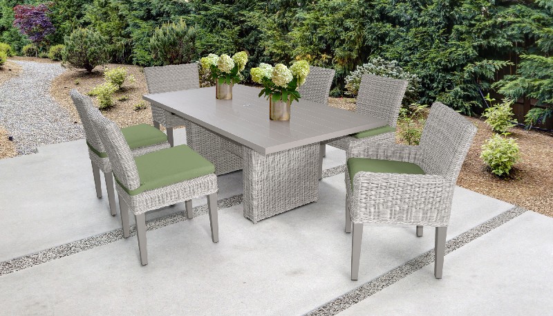 Coast Rectangular Outdoor Patio Dining Table w/ with 4 Armless Chairs and 2 Chairs w/ Arms in Cilantro - TK Classics Coast-Dtrec-Kit-4Adc2Dcc-Cilantro