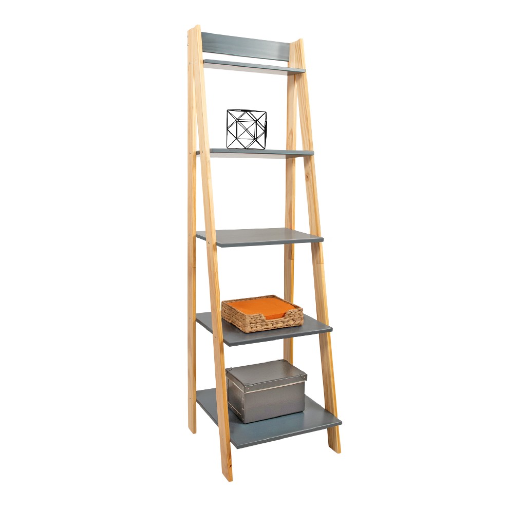 Solid Wood Split 5 Shelf Ladder Unit -natural Legs-grey Shelves - Adeptus 95081
