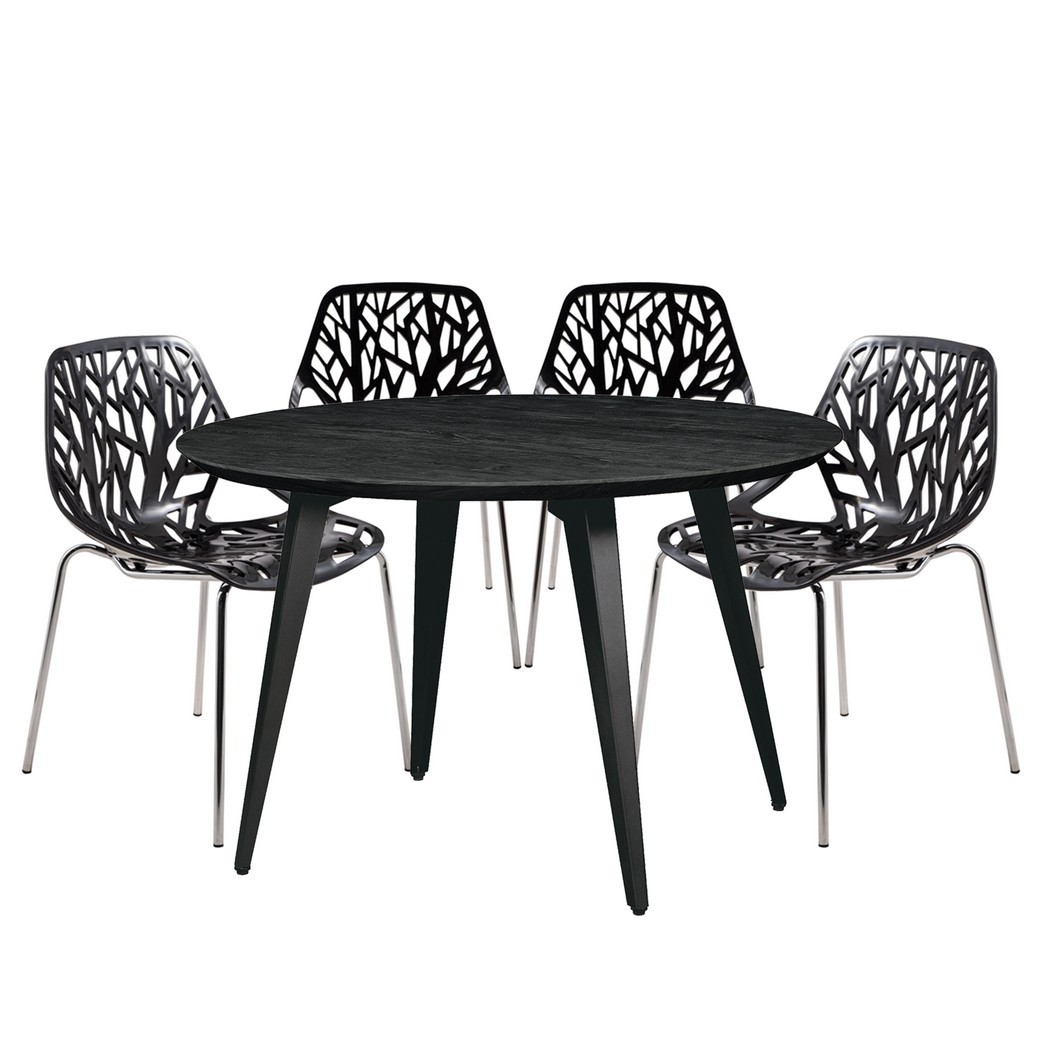 Leisuremod Ravenna Mid-Century Modern 5-Piece Dining Set with 4 Stackable Plastic Chairs and Round Wood Table with Metal Base for Kitchen and Dining Room - Leisurmod RTM47AC16BL4