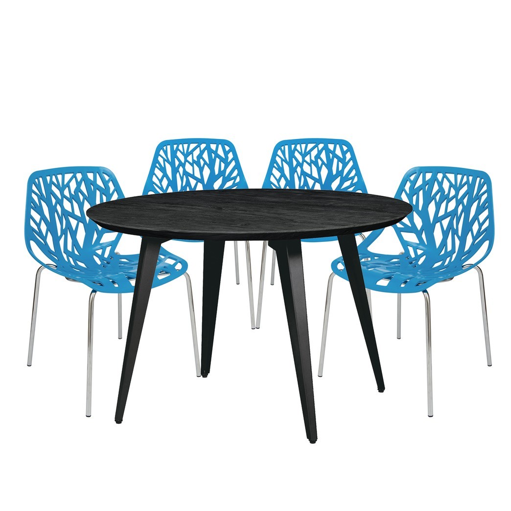 Leisuremod Ravenna Mid-Century Modern 5-Piece Dining Set with 4 Stackable Plastic Chairs and Round Wood Table with Metal Base for Kitchen and Dining Room - Leisurmod RTM47AC16BU4