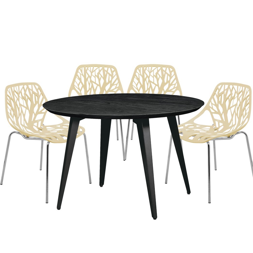 Leisuremod Ravenna Mid-Century Modern 5-Piece Dining Set with 4 Stackable Plastic Chairs and Round Wood Table with Metal Base for Kitchen and Dining Room - Leisurmod RTM47AC16CR4