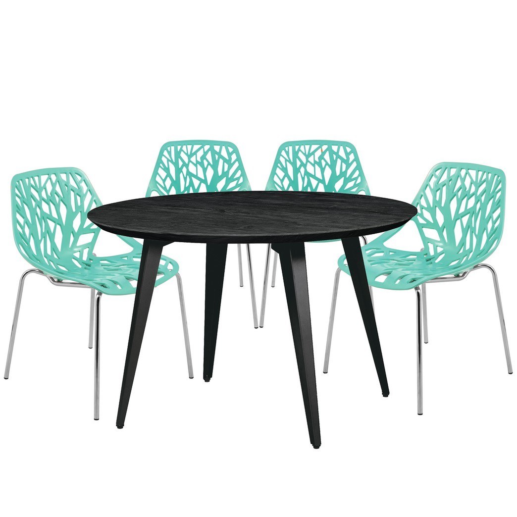Leisuremod Ravenna Mid-Century Modern 5-Piece Dining Set with 4 Stackable Plastic Chairs and Round Wood Table with Metal Base for Kitchen and Dining Room - Leisurmod RTM47AC16MT4